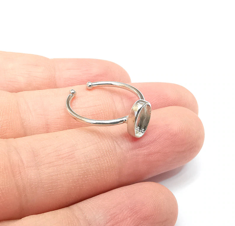Shiny Silver Oval Ring Setting, Cabochon Blank, Resin Bezel, Ring Mounting, Epoxy Frame Base, Adjustable Rhodium Plated Brass 9x6mm G35903