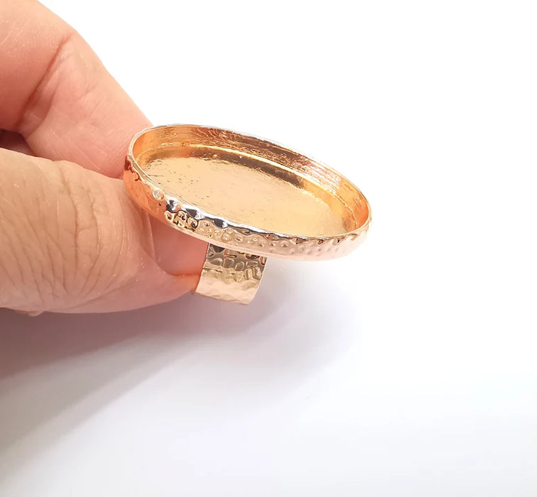 Rose Gold Ring Blank Setting Cabochon Base inlay Ring Hammered Mounting Adjustable Ring Bezel (40x30mm blank ) Rose Gold Plated Metal G35732