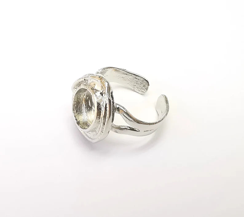 Shiny Silver Round Ring Setting, Cabochon Blank, Resin Bezel, Ring Mounting, Epoxy Frame Base, Adjustable Rhodium Plated Brass 10mm G35735