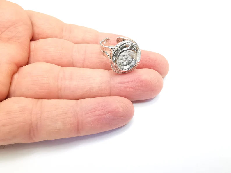 Shiny Silver Round Ring Setting, Cabochon Blank, Resin Bezel, Ring Mounting, Epoxy Frame Base, Adjustable Rhodium Plated Brass 10mm G35735