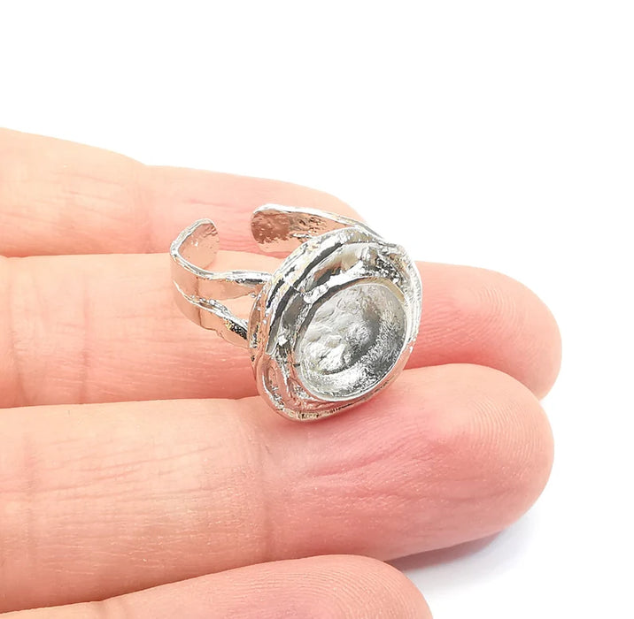 Shiny Silver Round Ring Setting, Cabochon Blank, Resin Bezel, Ring Mounting, Epoxy Frame Base, Adjustable Rhodium Plated Brass 10mm G35805