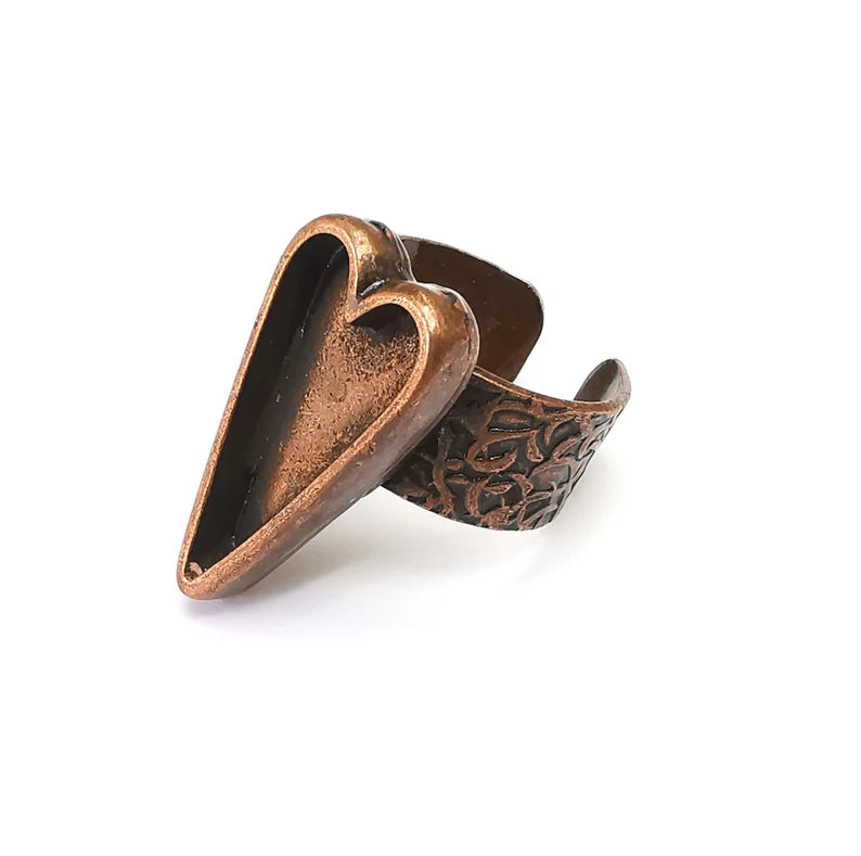 Copper Heart Ring Setting, Cabochon Blank, Resin Bezel, Ring Mounting, Epoxy Frame Base, Adjustable Antique Copper Plated 24x12mm G35744