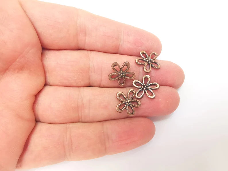 10 Flower Charms, Flower Findings, Flower Connector, Bracelet Component, Earring Charm, Necklace Parts, Antique Copper Plated 14mm G35925