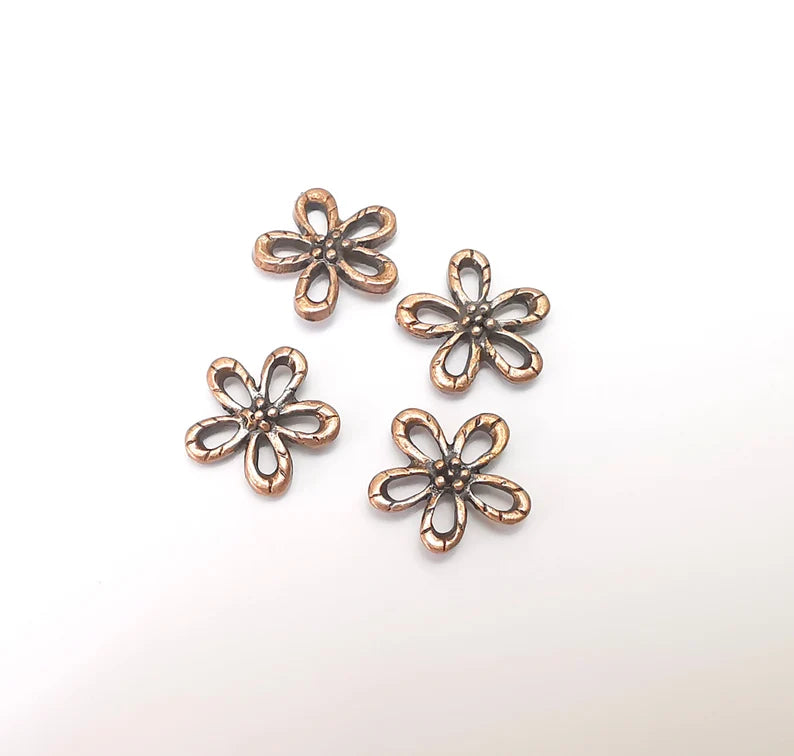 10 Flower Charms, Flower Findings, Flower Connector, Bracelet Component, Earring Charm, Necklace Parts, Antique Copper Plated 14mm G35925