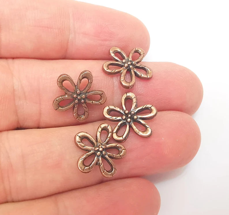 10 Flower Charms, Flower Findings, Flower Connector, Bracelet Component, Earring Charm, Necklace Parts, Antique Copper Plated 14mm G35925