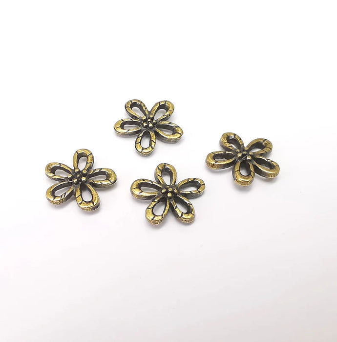 10 Flower Charms, Flower Findings, Flower Connector, Bracelet Component, Earring Charm, Necklace Parts, Antique Bronze Plated 14mm G35948