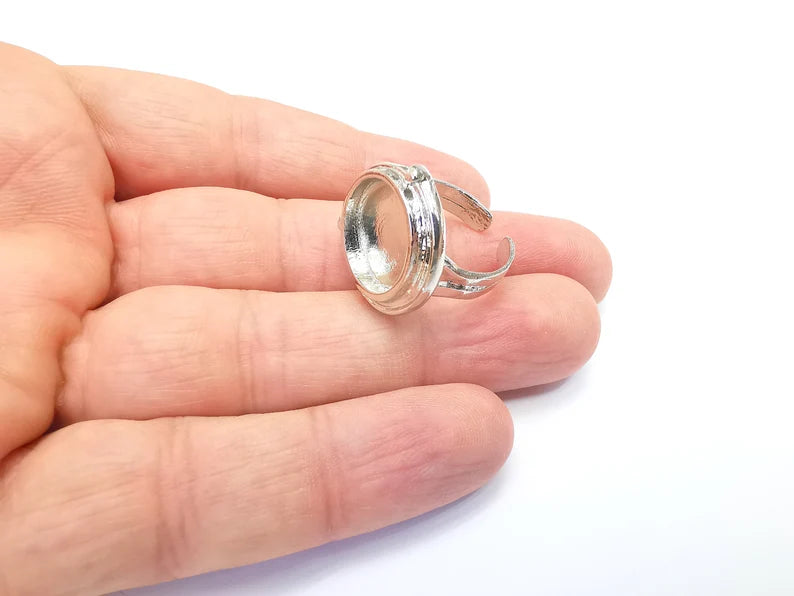 Shiny Silver Round Ring Setting, Cabochon Blank, Resin Bezel, Ring Mounting, Epoxy Frame Base, Adjustable Rhodium Plated Brass 15mm G35745