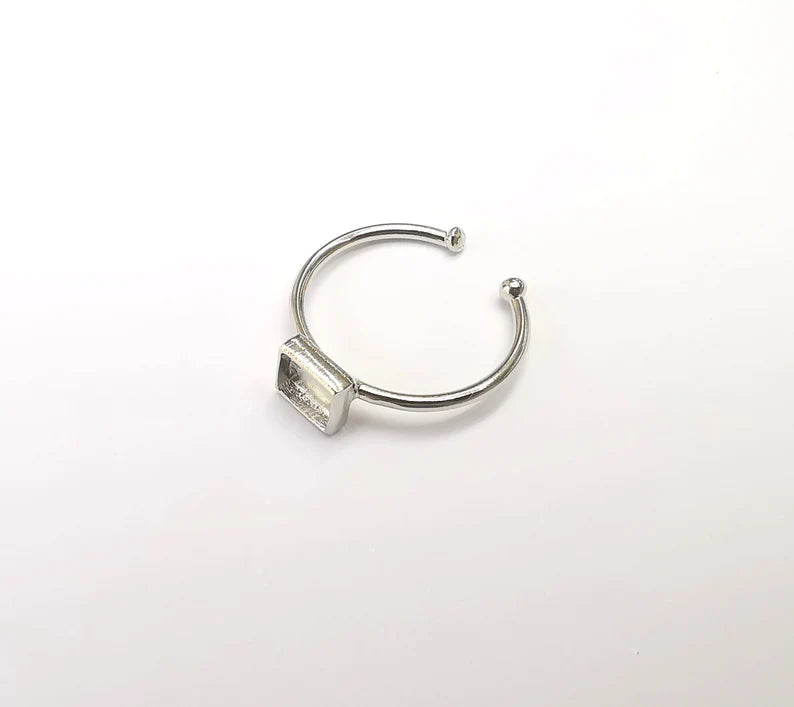 Shiny Silver Square Ring Setting, Cabochon Blank, Resin Bezel, Ring Mounting, Epoxy Frame Base, Adjustable Rhodium Plated Brass 6mm G35747