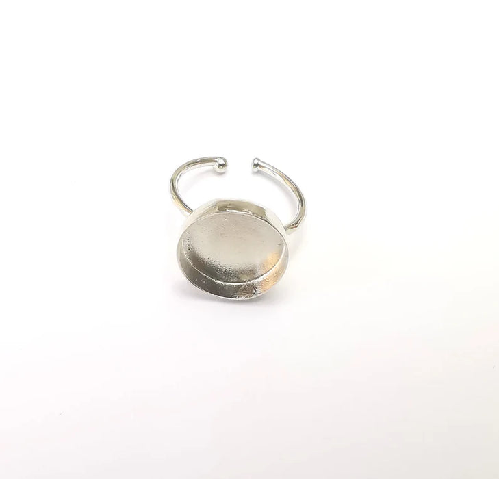 Shiny Silver Round Ring Setting, Cabochon Blank, Resin Bezel, Ring Mounting, Epoxy Frame Base, Adjustable Rhodium Plated Brass 14mm G35751