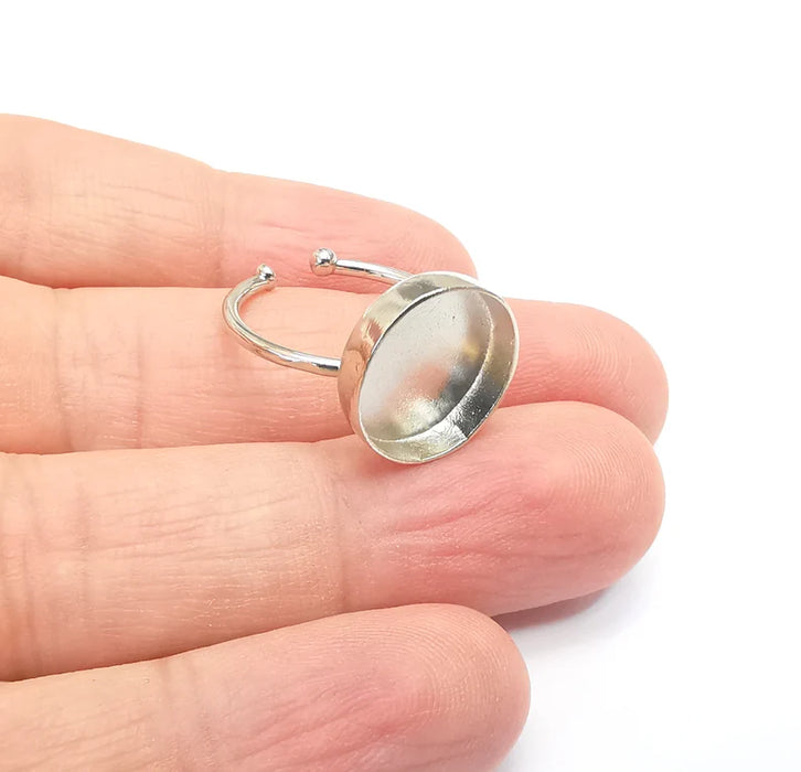 Shiny Silver Round Ring Setting, Cabochon Blank, Resin Bezel, Ring Mounting, Epoxy Frame Base, Adjustable Rhodium Plated Brass 14mm G35751