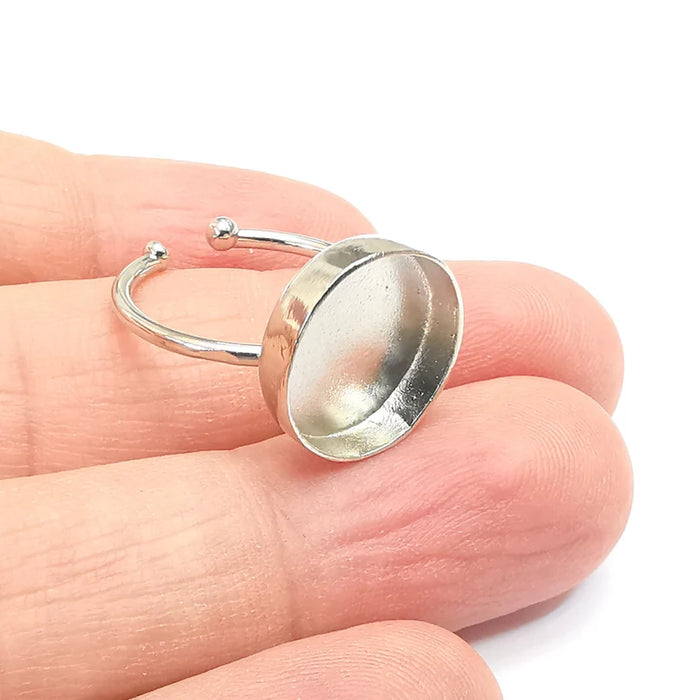 Shiny Silver Round Ring Setting, Cabochon Blank, Resin Bezel, Ring Mounting, Epoxy Frame Base, Adjustable Rhodium Plated Brass 14mm G35751