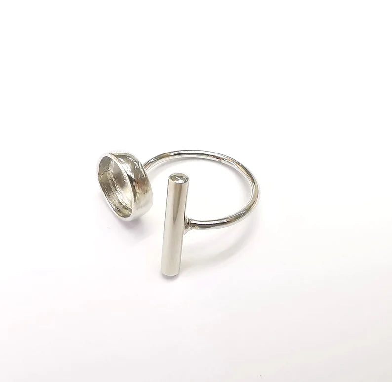 Shiny Silver Rod and Round Ring Setting, Cabochon Blank, Resin Bezel, Ring Mounting, Epoxy Base, Adjustable Rhodium Plated Brass 10mm G35754