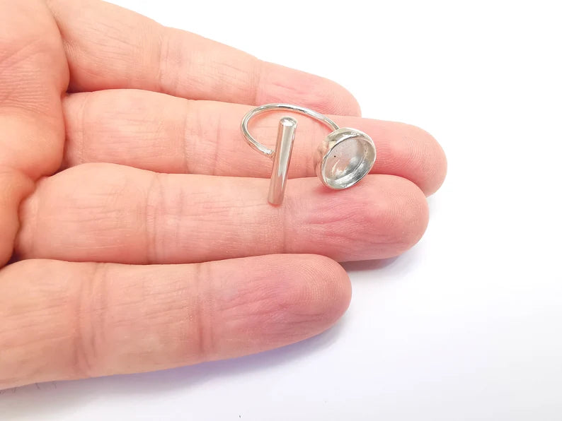 Shiny Silver Rod and Round Ring Setting, Cabochon Blank, Resin Bezel, Ring Mounting, Epoxy Base, Adjustable Rhodium Plated Brass 10mm G35754