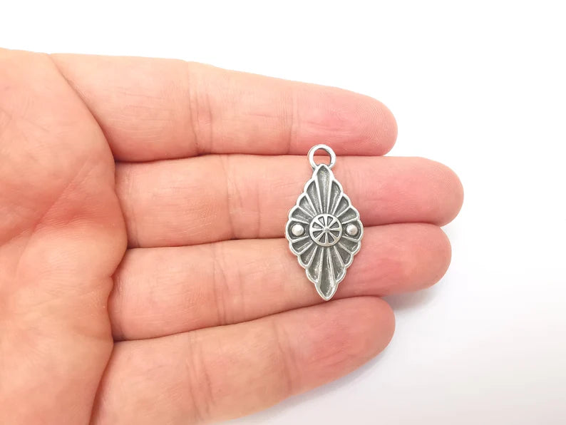 2 Silver Dangle Charms, Boho Charms, Rustic Charms, Earring Charms, Silver Pendant, Necklace Parts, Antique Silver Plated 34x17mm G35944