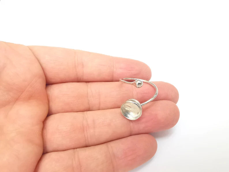 Shiny Silver Rod and Round Ring Setting, Cabochon Blank, Resin Bezel, Ring Mounting, Epoxy Base, Adjustable Rhodium Plated Brass 10mm G35927