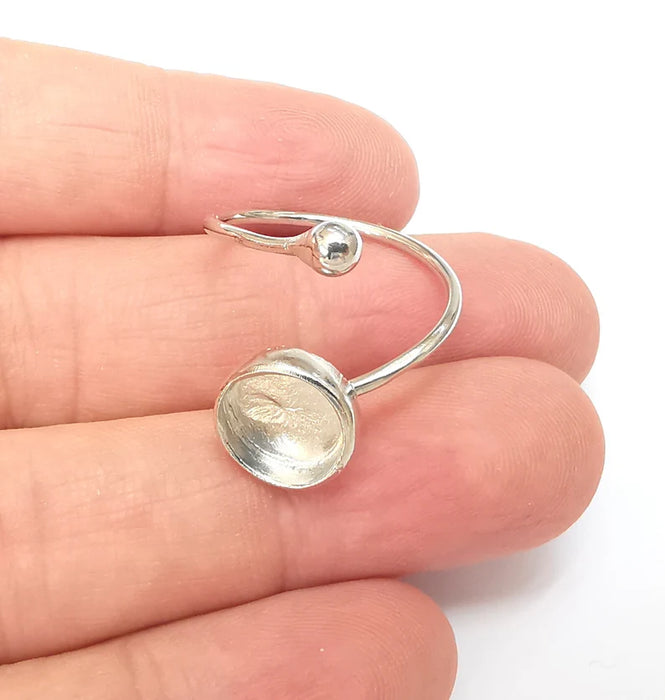 Shiny Silver Rod and Round Ring Setting, Cabochon Blank, Resin Bezel, Ring Mounting, Epoxy Base, Adjustable Rhodium Plated Brass 10mm G35927