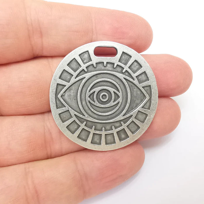 Silver Eye Pendant, Sun Pendant, Summer Pendant, Medallion Pendant, Locket Pendant, Large Necklace Parts, Antique Silver Plated 40mm G35930