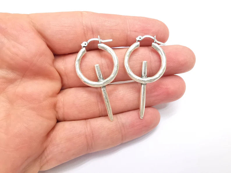 Silver Hoop Earrings, Antique Silver Plated Hoop Earring, Findings (48x24mm) G35755