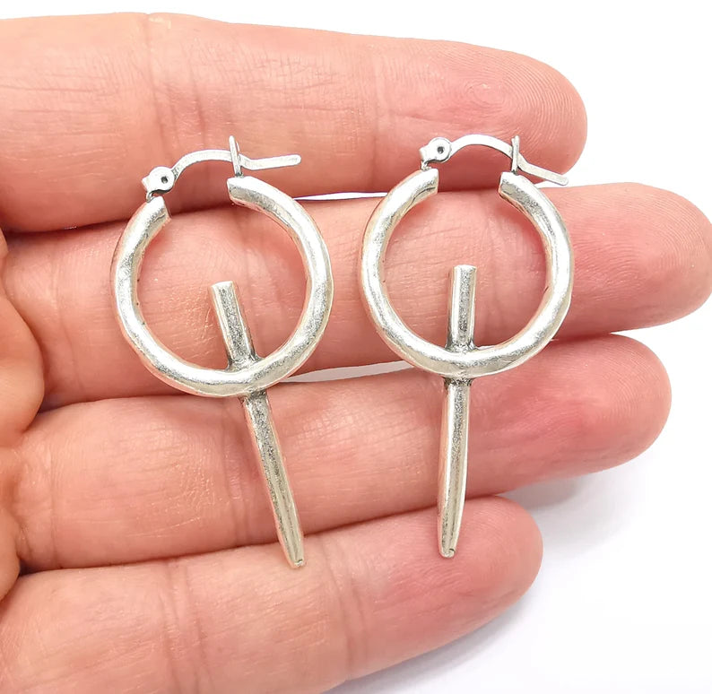 Silver Hoop Earrings, Antique Silver Plated Hoop Earring, Findings (48x24mm) G35755