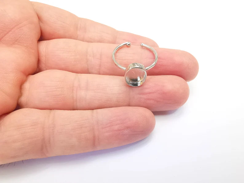 Shiny Silver Oval Ring Setting, Cabochon Blank, Resin Bezel, Ring Mounting, Epoxy Frame Base, Adjustable Rhodium Plated Brass 11x8mm G35758