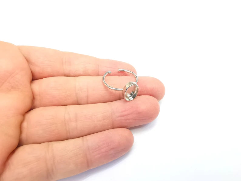 Shiny Silver Oval Ring Setting, Cabochon Blank, Resin Bezel, Ring Mounting, Epoxy Frame Base, Adjustable Rhodium Plated Brass 11x8mm G35758