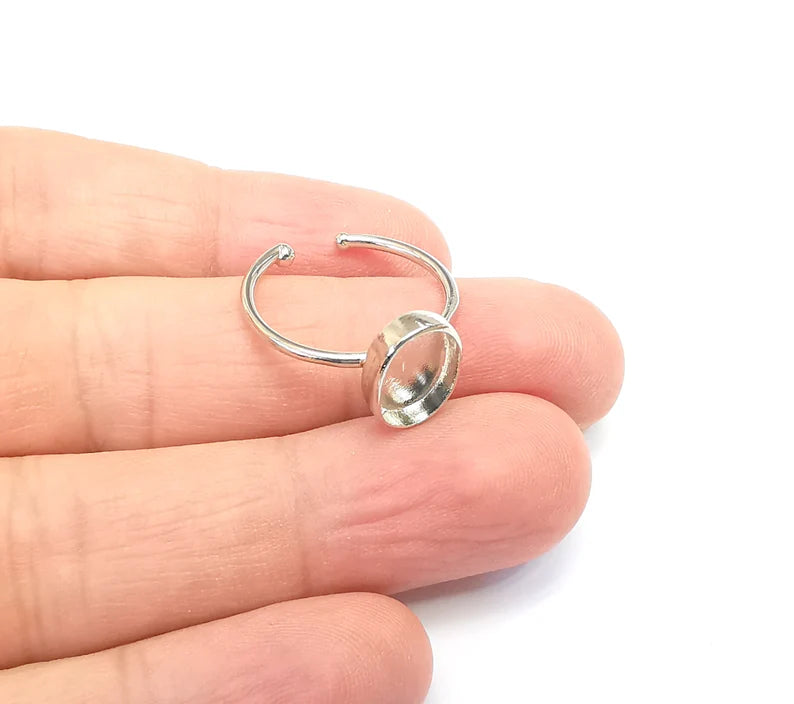 Shiny Silver Oval Ring Setting, Cabochon Blank, Resin Bezel, Ring Mounting, Epoxy Frame Base, Adjustable Rhodium Plated Brass 11x8mm G35758