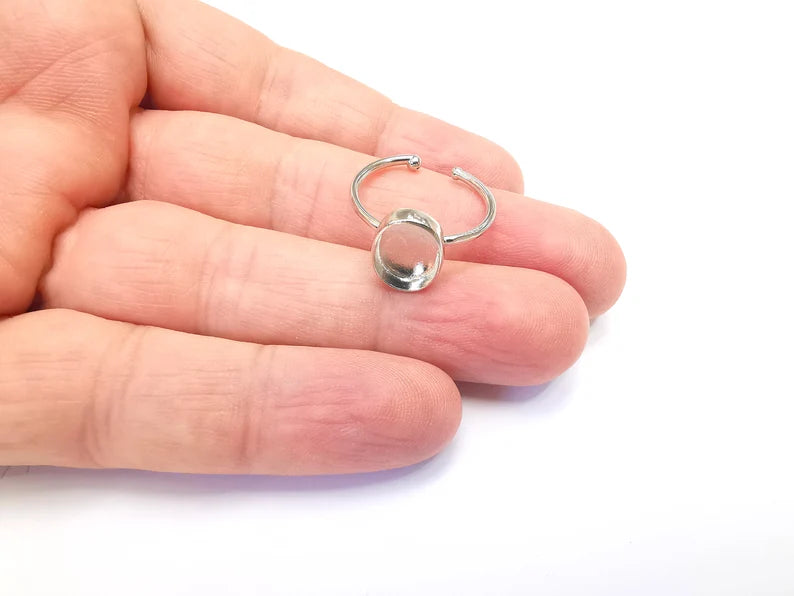 Shiny Silver Oval Ring Setting, Cabochon Blank, Resin Bezel, Ring Mounting, Epoxy Frame Base, Adjustable Rhodium Plated Brass 11x8mm G35758