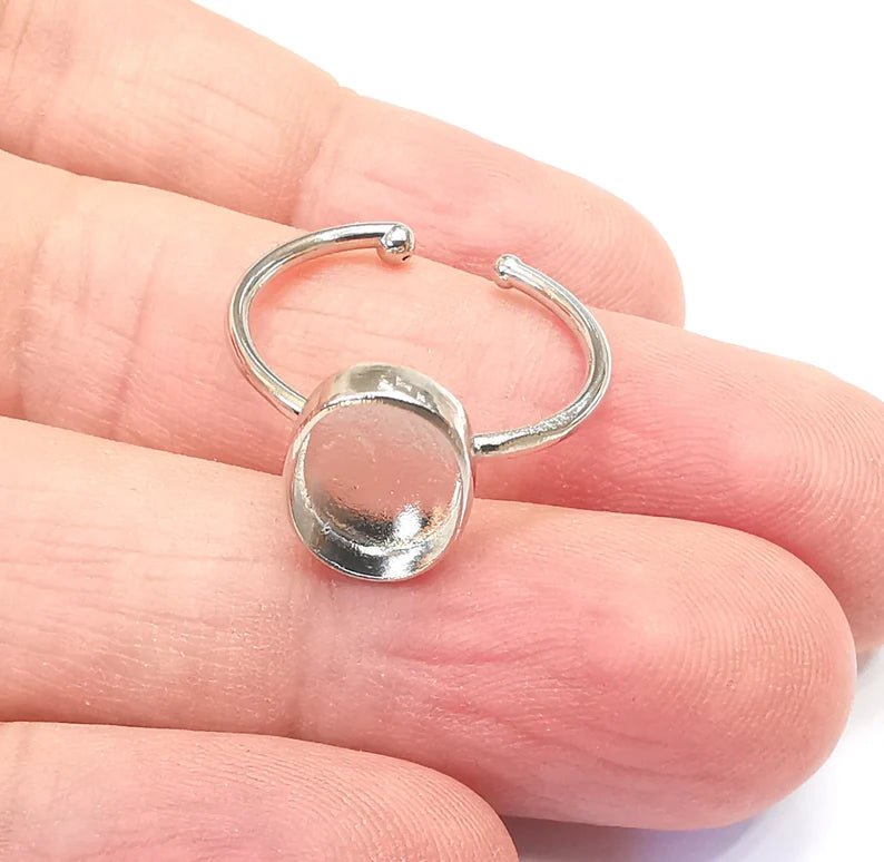 Shiny Silver Oval Ring Setting, Cabochon Blank, Resin Bezel, Ring Mounting, Epoxy Frame Base, Adjustable Rhodium Plated Brass 11x8mm G35758