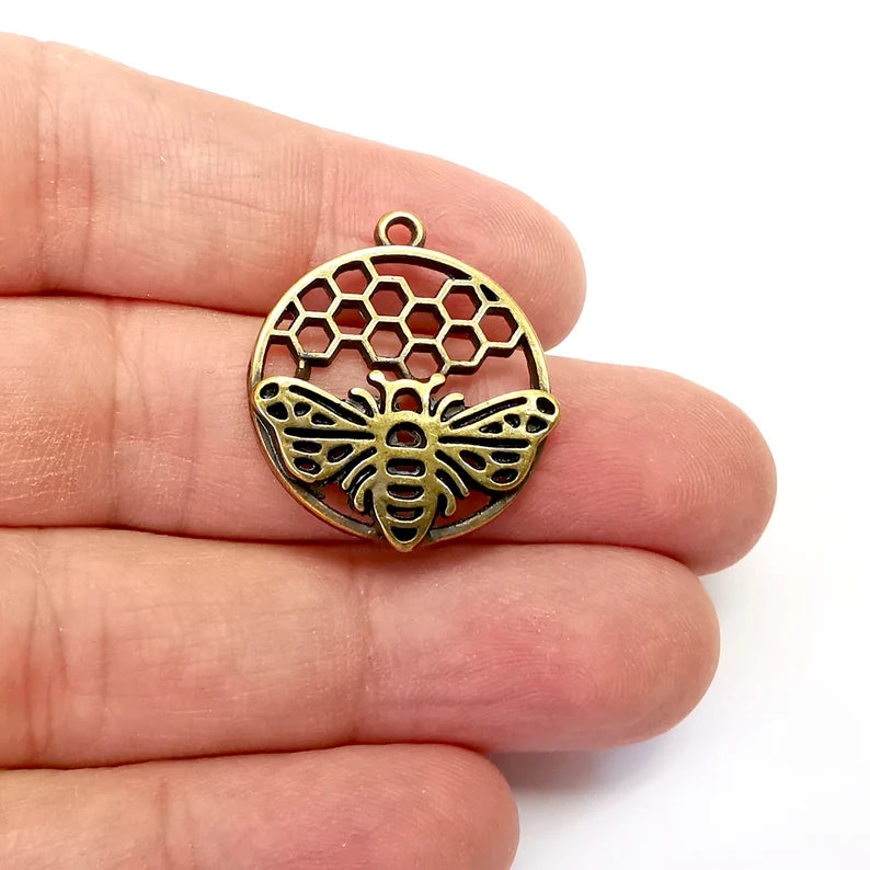 Bee Comb Charms, Nature Charms, Dangle Earring Charms, Bronze Pendant, Necklace Parts, Antique Bronze Plated 28x24mm G35763