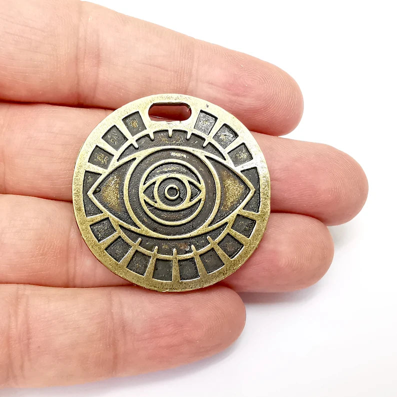 Bronze Eye Pendant, Sun Pendant, Summer Pendant, Medallion Pendant, Locket Pendant, Large Necklace Parts, Antique Bronze Plated 40mm G35950