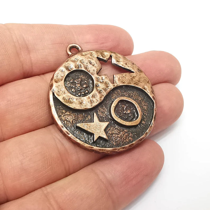 Copper Star Pendant, Round Pendant, Medallion Pendant, Copper Locket Pendant, Necklace Parts, Antique Copper Plated 44x39mm G35952