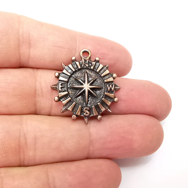 Copper Compass Charms, Jewelry Parts, Copper Bracelet Component, Antique Copper Charms , Antique Copper Plated Metal (30x27mm) G35953