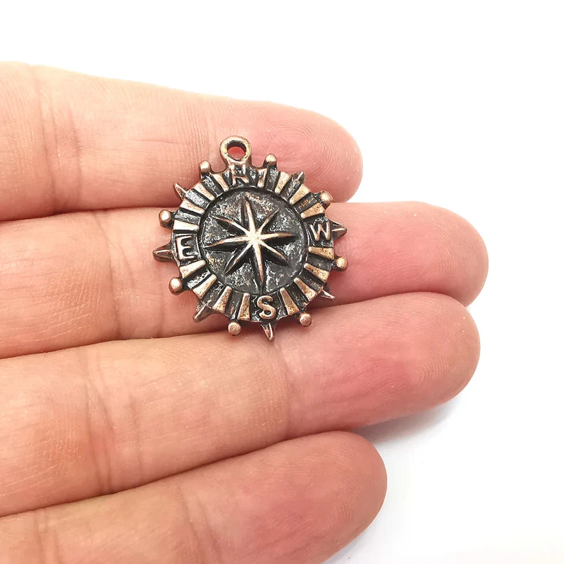 Copper Compass Charms, Jewelry Parts, Copper Bracelet Component, Antique Copper Charms , Antique Copper Plated Metal (30x27mm) G35953