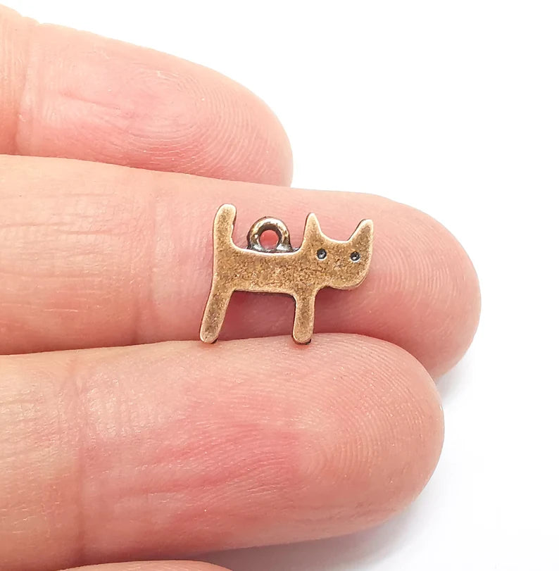 10 Copper Cat Charms, Boho Charms, Dangle Charms, Earring Charms, Copper Pendant, Necklace Parts, Antique Copper Plated 12x11mm G35767