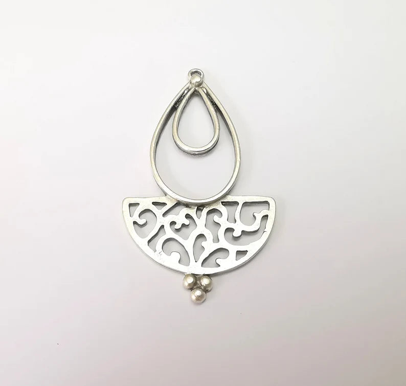 Silver Rustic Charms, Hammered Boho Charm, Ethnic Charm, Earring Charm, Silver Pendant, Necklace Parts, Antique Silver Plated 64x36mm G35778