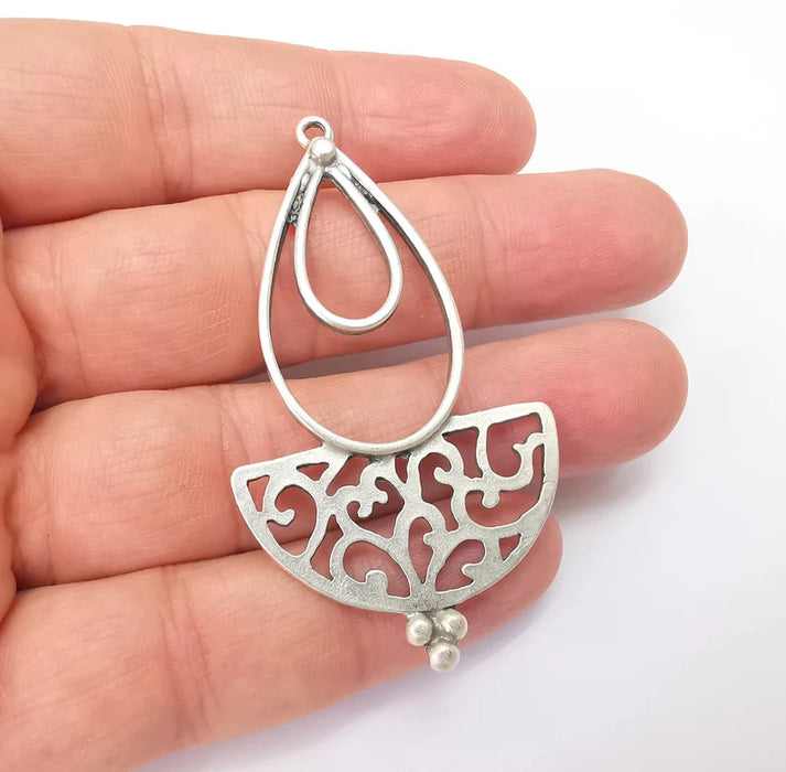 Silver Rustic Charms, Hammered Boho Charm, Ethnic Charm, Earring Charm, Silver Pendant, Necklace Parts, Antique Silver Plated 64x36mm G35778