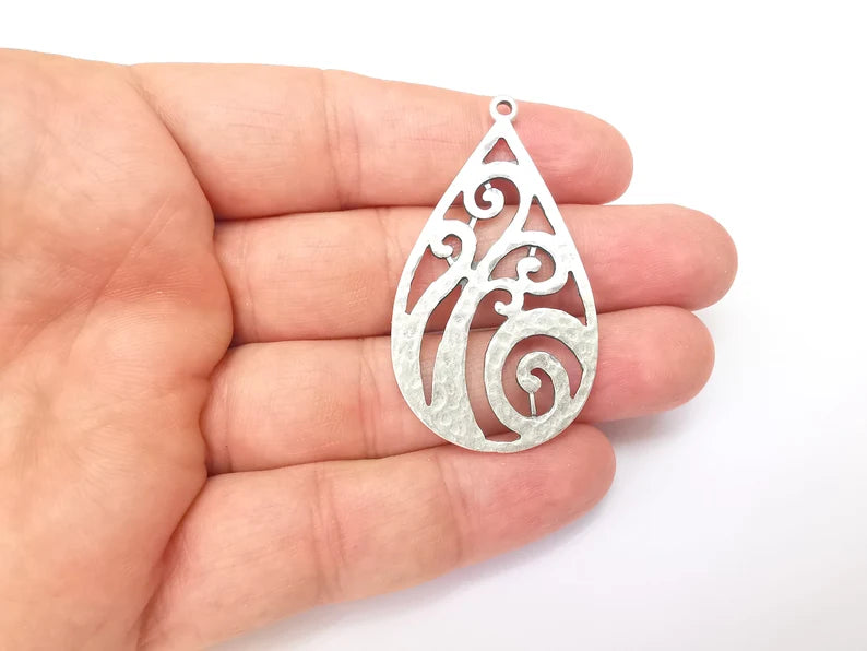 Silver Dangle Charms, Rustic Boho Charm, Ethnic Charm, Earring Charm, Silver Pendant, Necklace Parts, Antique Silver Plated 54x30mm G35779