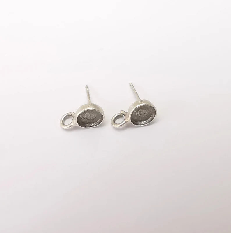 Earring Stud Base Blank with Loop, Earring Post, Ear Setting Resin Bezel, Cabochon Mounting, Antique Silver Plated Brass (6mm blanks) G35956