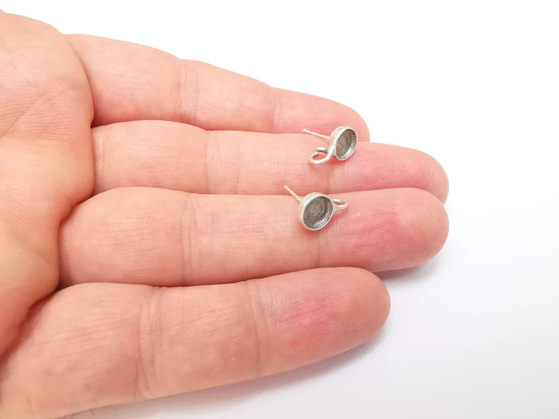 Earring Stud Base Blank with Loop, Earring Post, Ear Setting Resin Bezel, Cabochon Mounting, Antique Silver Plated Brass (6mm blanks) G35956