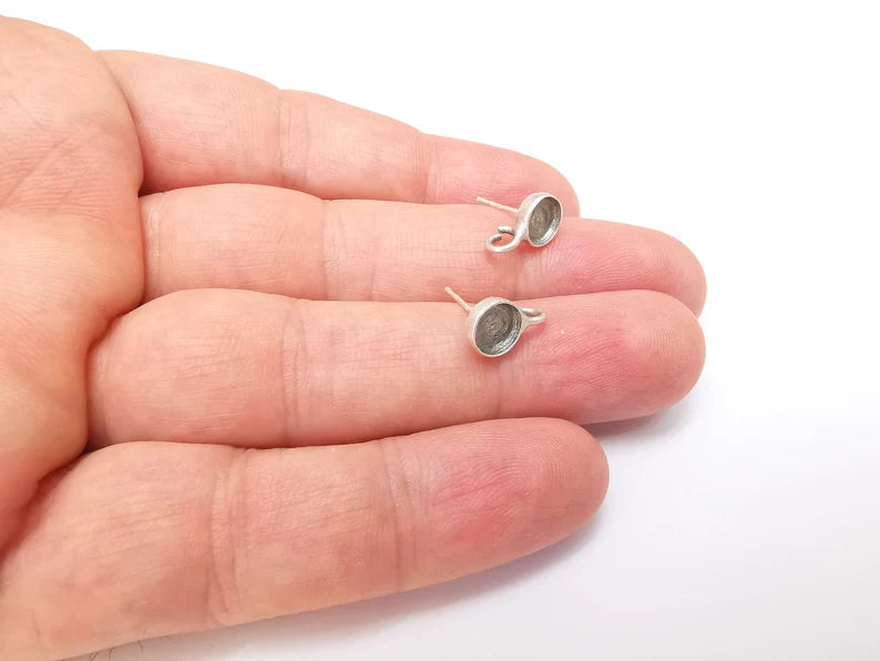 Earring Stud Base Blank with Loop, Earring Post, Ear Setting Resin Bezel, Cabochon Mounting, Antique Silver Plated Brass (6mm blanks) G35956
