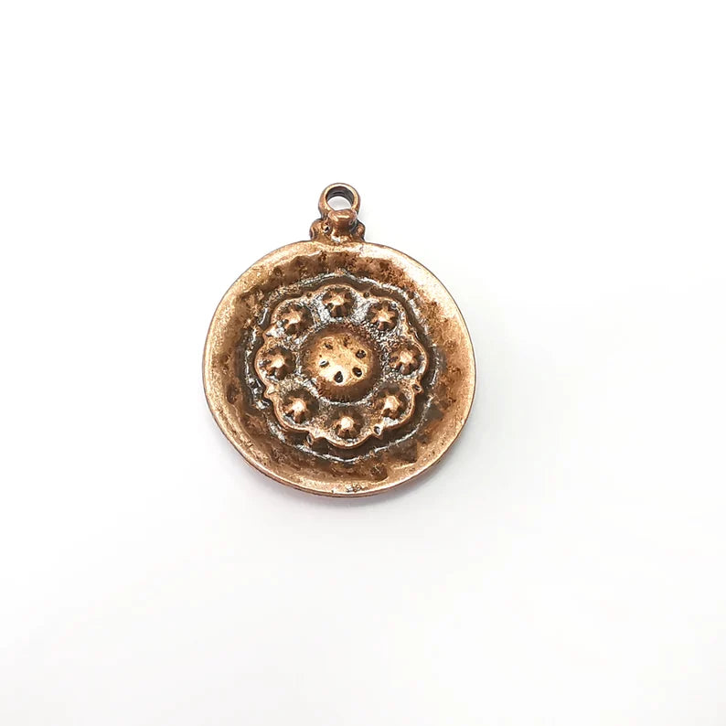 Flower Copper Charms, Nature Charms, Dangle Charm, DIY Charms, Earring Charm, Round Necklace Parts, Antique Copper Plated 34x27mm G35957