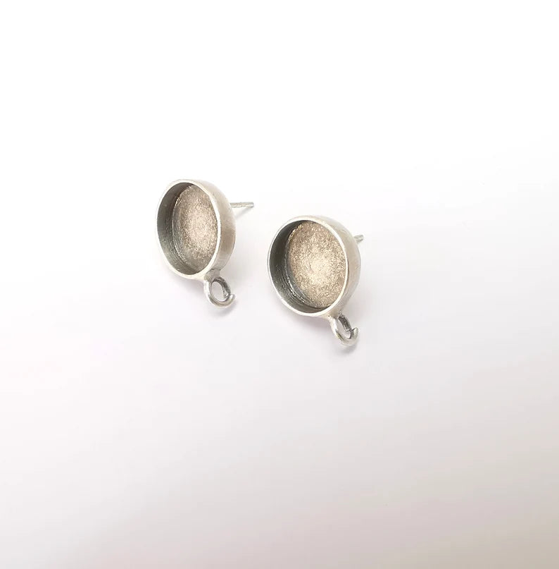 Earring Stud Base Blank with Loop, Earring Post, Ear Setting Resin Bezel, Cabochon Mounting, Antique Silver Plated Brass (12mm blank) G35960