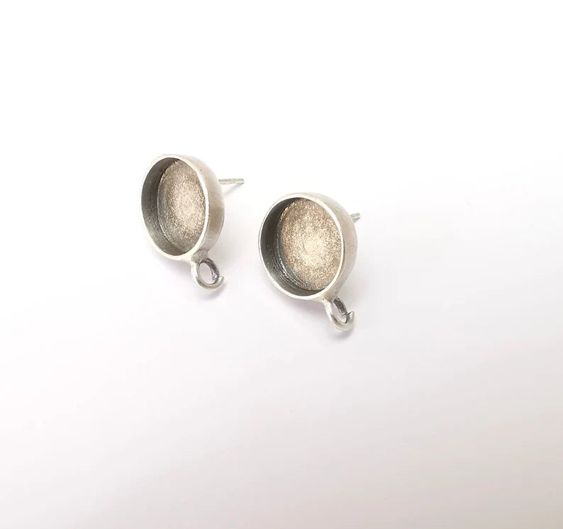 Earring Stud Base Blank with Loop, Earring Post, Ear Setting Resin Bezel, Cabochon Mounting, Antique Silver Plated Brass (12mm blank) G35960