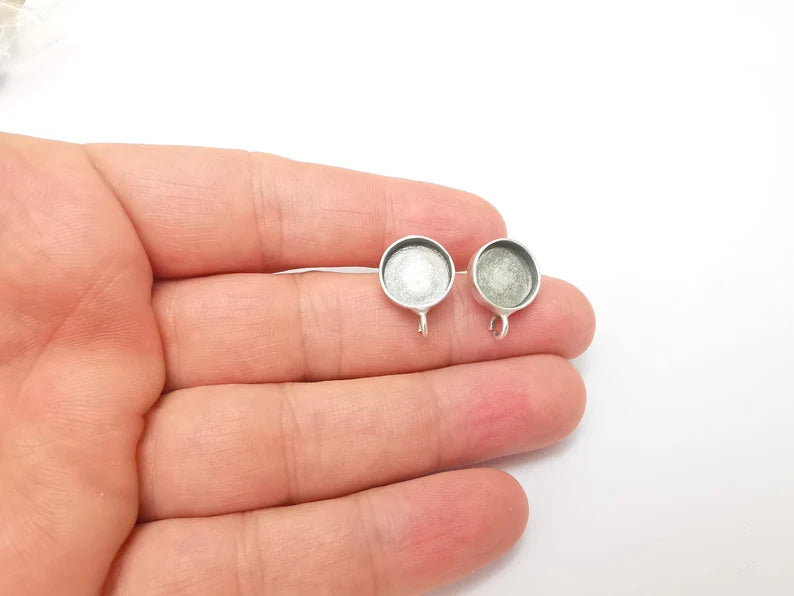 Earring Stud Base Blank with Loop, Earring Post, Ear Setting Resin Bezel, Cabochon Mounting, Antique Silver Plated Brass (12mm blank) G35960