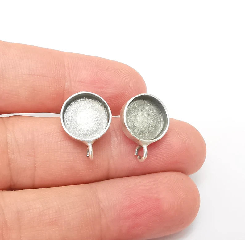 Earring Stud Base Blank with Loop, Earring Post, Ear Setting Resin Bezel, Cabochon Mounting, Antique Silver Plated Brass (12mm blank) G35960
