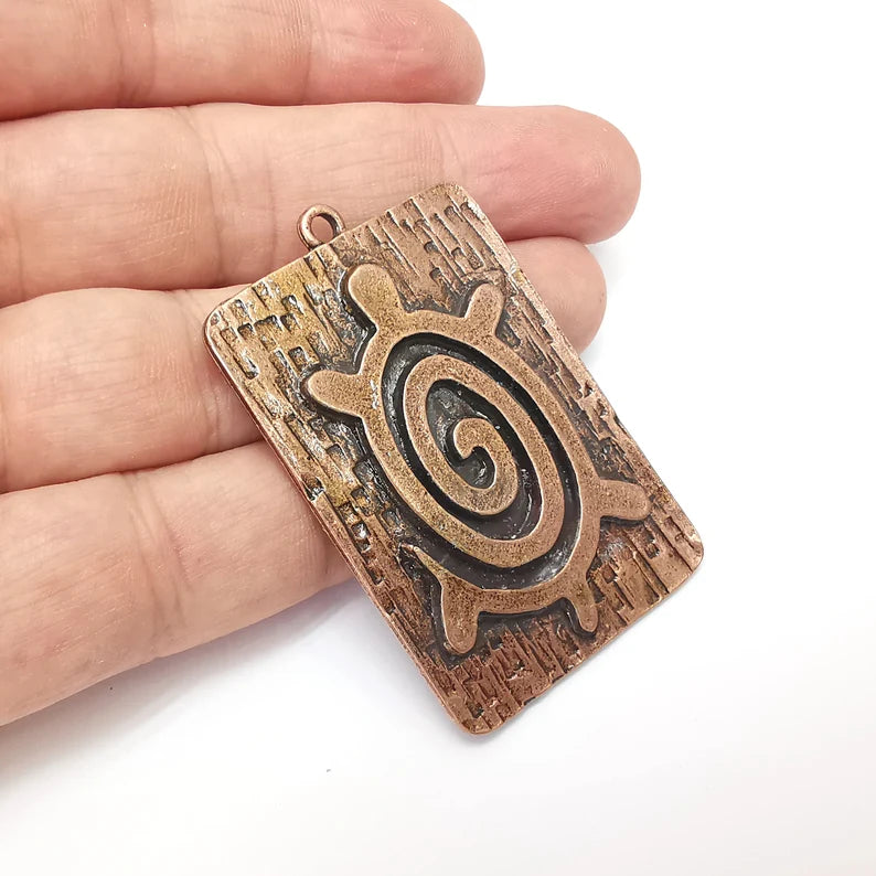 Copper Sea Turtle Pendant, Rectangle Pendant, Medallion Pendant, Copper Locket Pendant, Necklace Parts, Antique Copper Plated 57x37mm G35970