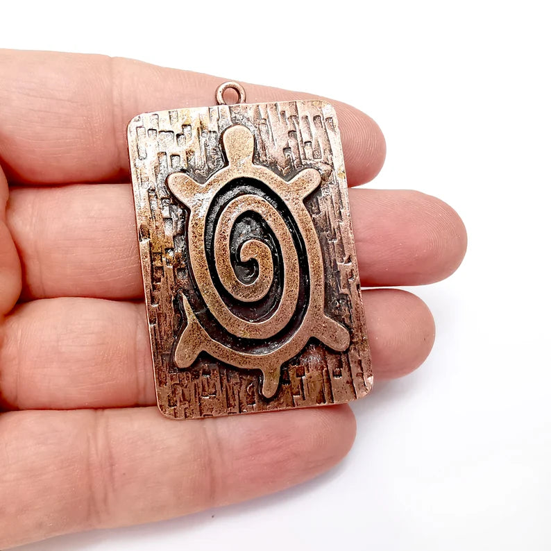 Copper Sea Turtle Pendant, Rectangle Pendant, Medallion Pendant, Copper Locket Pendant, Necklace Parts, Antique Copper Plated 57x37mm G35970