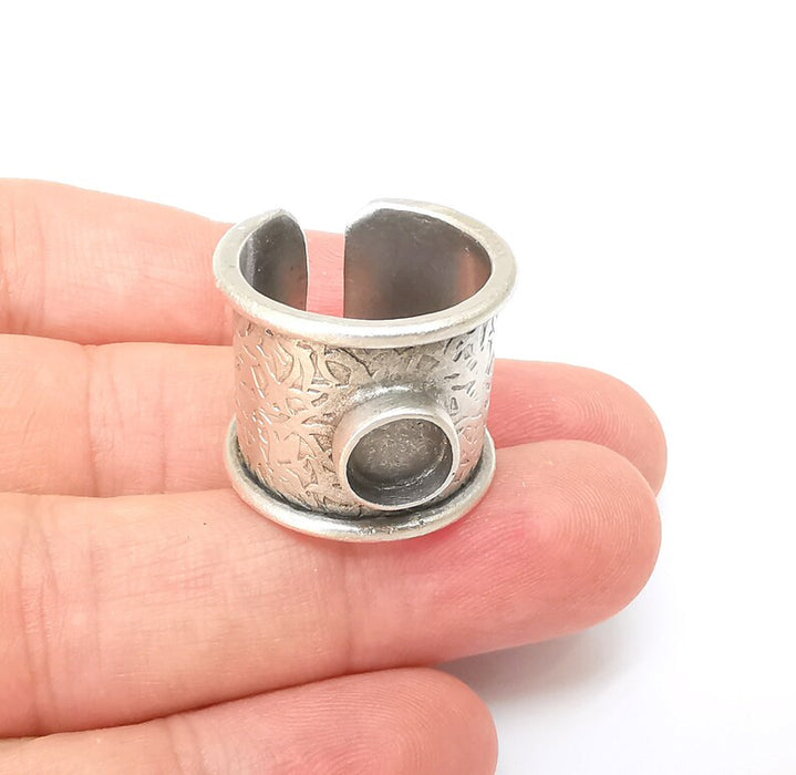 Silver Ring Setting, Cabochon Blank, Resin Bezel, Round Ring Mounting, Epoxy Frame Base, Adjustable Antique Silver Plated Brass 8mm G35969