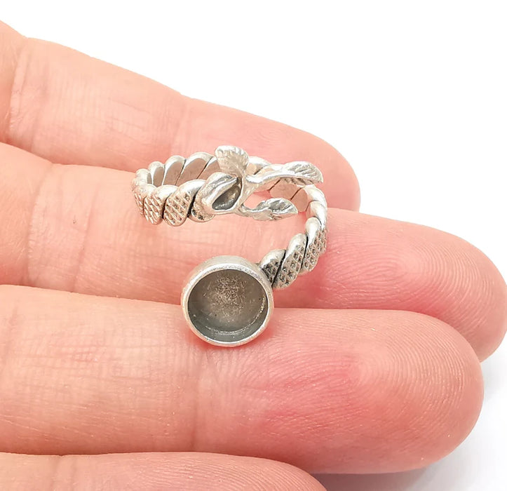 Leaf Twisted Ring Setting, Cabochon Blank, Resin Bezel, Ring Mounting, Epoxy Frame Base, Adjustable Antique Silver Plated Brass 8mm G35971