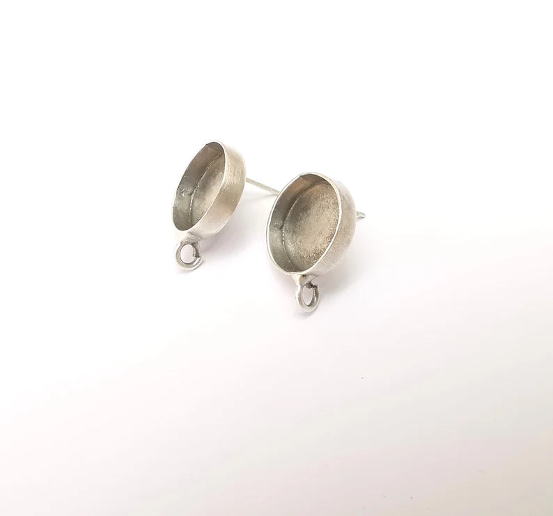 Earring Stud Base Blank with Loop, Earring Post, Ear Setting Resin Bezel, Cabochon Mounting, Antique Silver Plated Brass (14mm blank) G35973